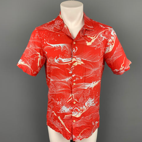 ALLSAINTS Size S Red Abstract Viscose Short Sleeve Shirt
