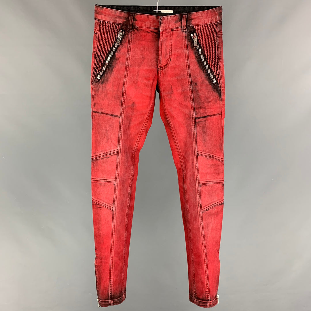 PIERRE BALMAIN Size 28 Red Black Wash Denim Zip Up Jeans