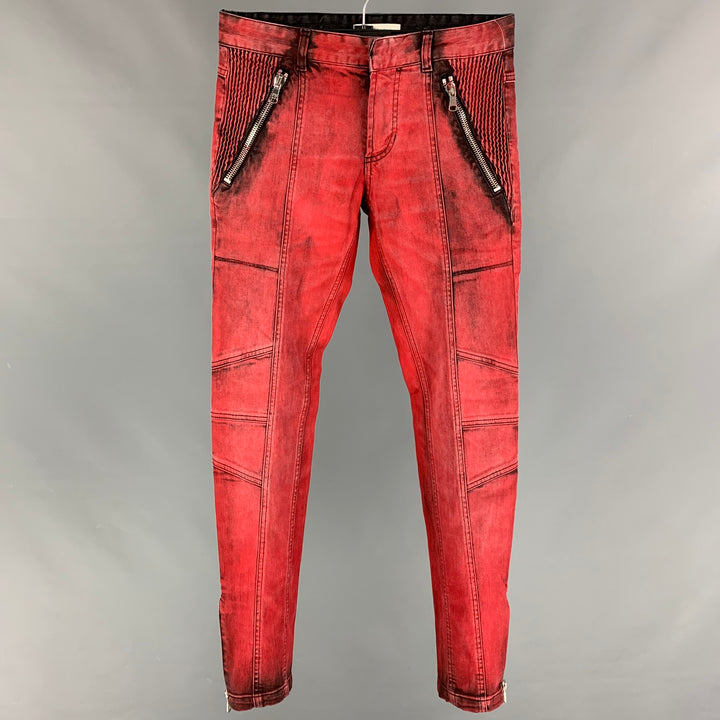 PIERRE BALMAIN Size 28 Red Black Wash Denim Zip Up Jeans