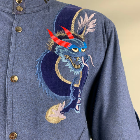 KANSAI YAMAMOTO Size L Blue Multicolour Dragon Embroidered MYSTICAL Wool &  Leather Jacket