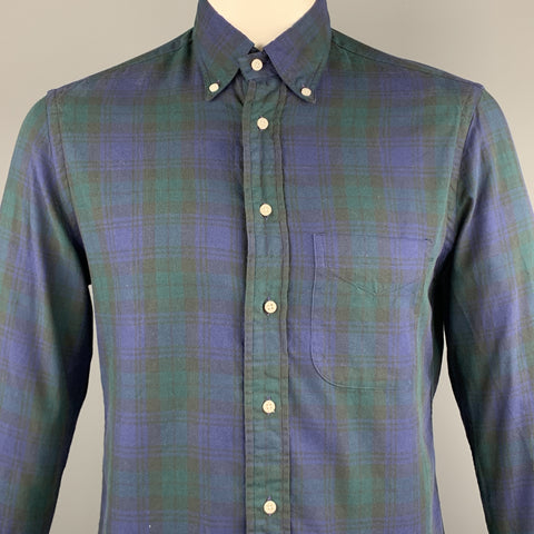 GITMAN VINTAGE Talla M Camisa de manga larga con botones de algodón a cuadros verde y azul marino