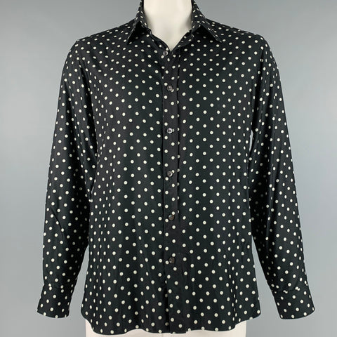 RALPH LAUREN Taille L Noir Blanc Pois Soie Bouton Up Chemise à manches longues