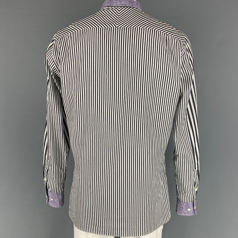BOTTEGA VENETA Size 42 White Black Purple Stripe Cotton Long Sleeve Shirt