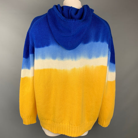 PRABAL GURUNG Size XL Blue & Yellow Tie Dye Cashmere Hooded Sweater
