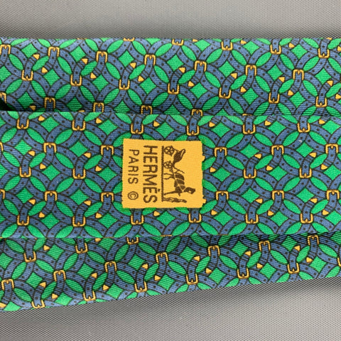 HERMES 7044 TA Green Blue Belt Buckle Print Silk Tie