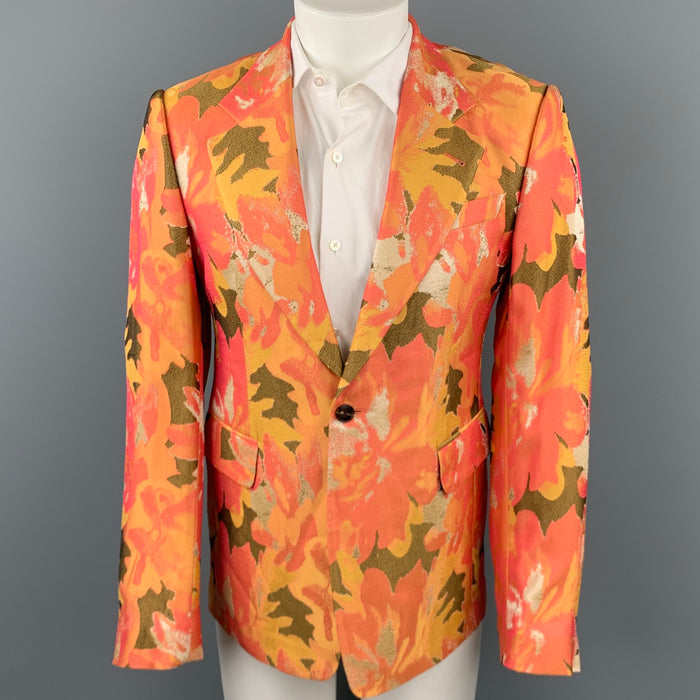 DRIES VAN NOTEN Size 38 Orange & Olive Metallic Jacquard Notch Lapel Sport Coat