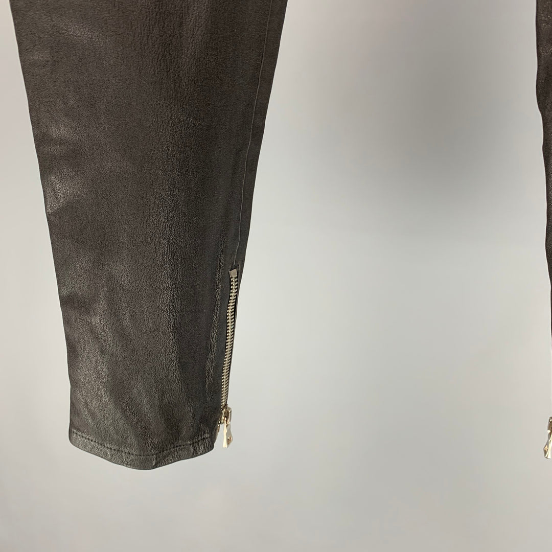 BALMAIN Size XL Black Leather Elastic Waistband Casual Pants