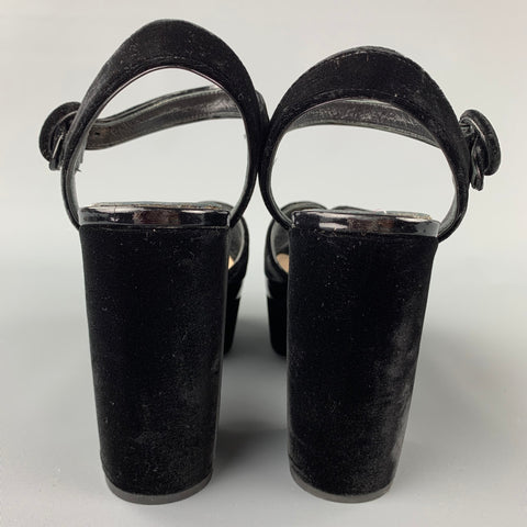PRADA Size 10 Black Velvet Patent Leather Peep Toe Platform Sandals
