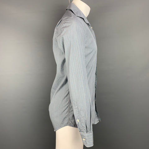RALPH LAUREN Purple Label Talla S Camisa de manga larga con cuello extendido de algodón a rayas azules y grises