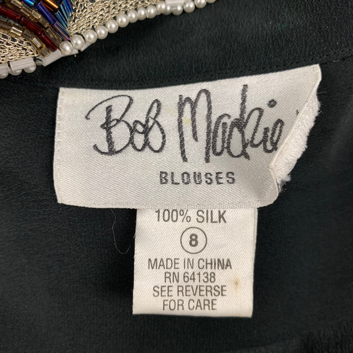 BOB MACKIE Size 8 Black Silk Beaded Long Sleeve Blouse