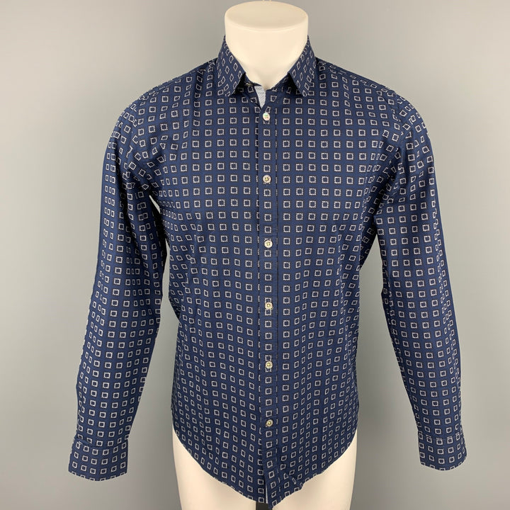 TED BAKER Size M Navy Square Print Cotton Button Up Long Sleeve Shirt