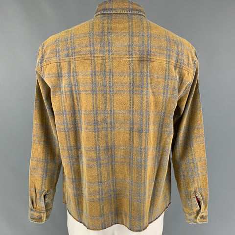 JOHN ELLIOTT Size L Mustard Blue Plaid Brushed Cotton Cropped Long Sleeve Shirt