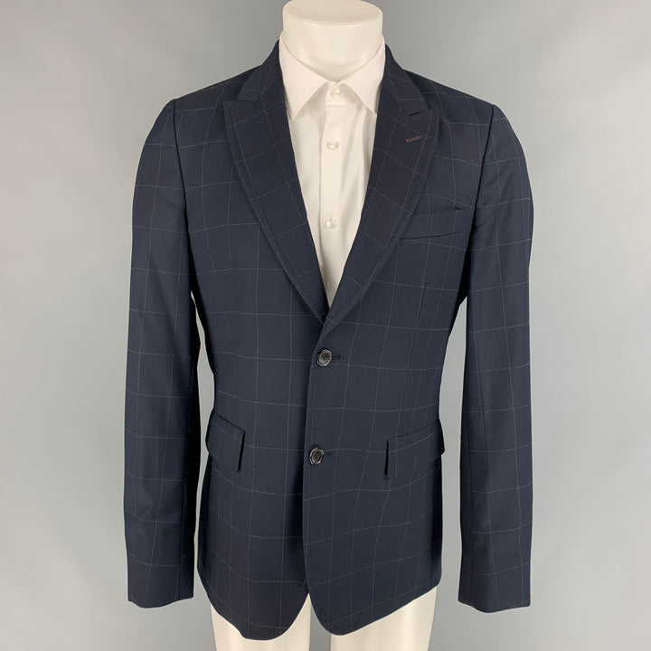 PAUL SMITH Size 40 Navy & Brown Window Pane Wool Single Breasted Sport Coat