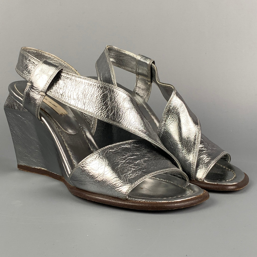 MARC JACOBS Size 7 Silver Leather Wedge Nickel Sandals