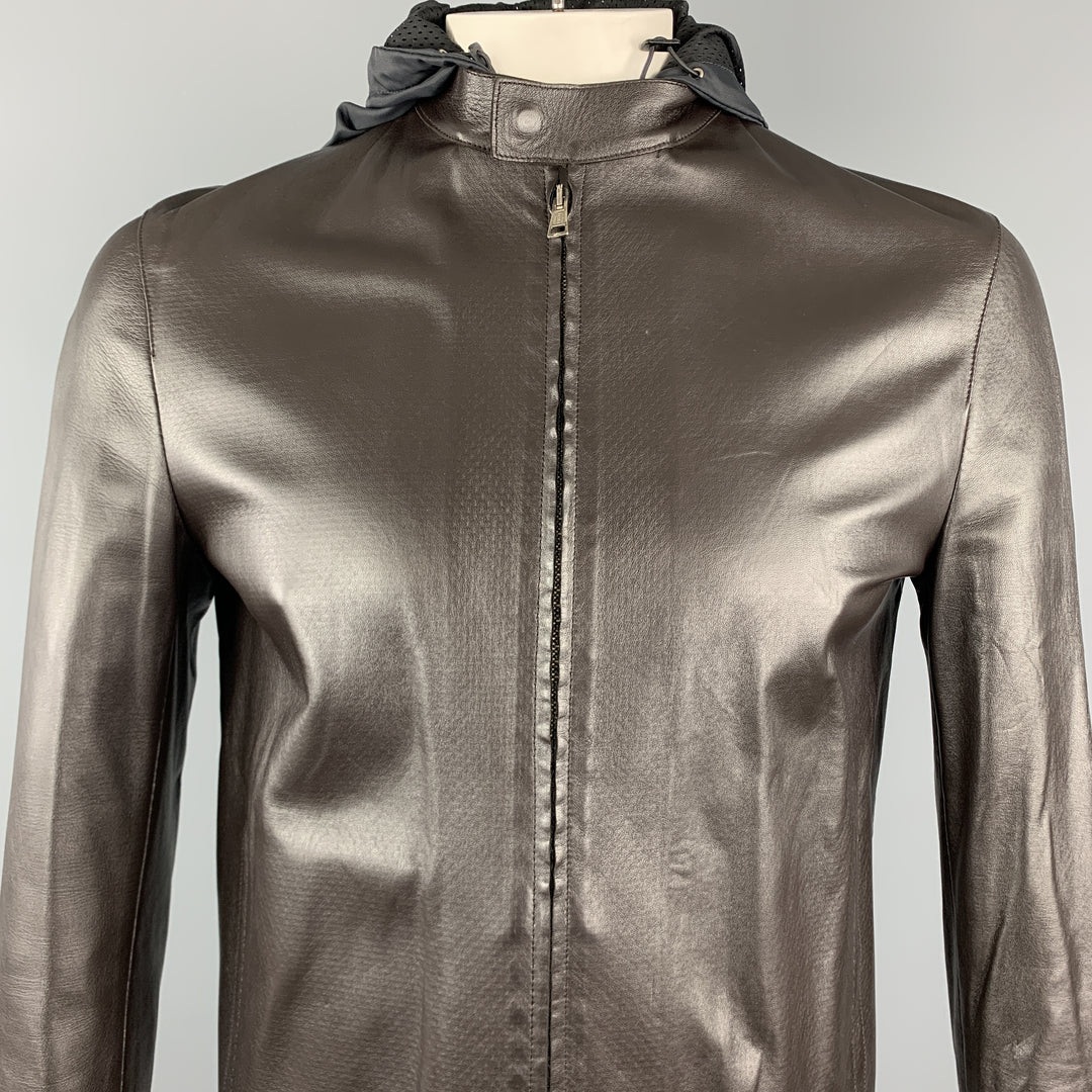 NEIL BARRETT Size M Brown Leather Zip Off Hood Biker Jacket