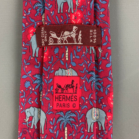 HERMES Red &  Blue Elephants Silk Tie