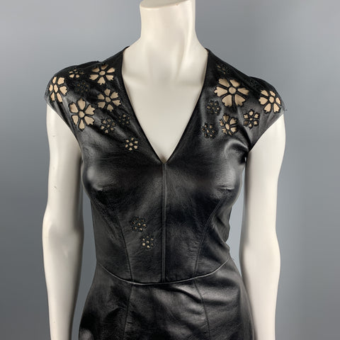 REEM ACRA Size 4 Black Leather Floral Cutout  Cocktail Dress