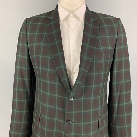 PAUL SMITH Soho Fit Taille 46 Manteau de sport à revers cranté en laine à carreaux marron et vert régulier