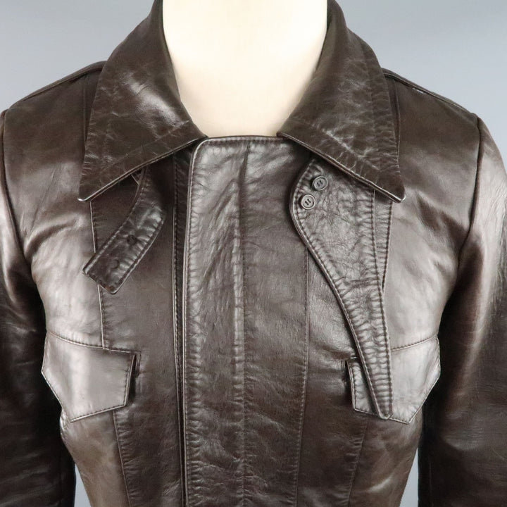 BALENCIAGA Size S Brown Leather Collared Cropped Bomber Jacket