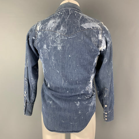 ROEBUCKS Taille S Bleu Blanc Peinture Splatter Denim Western Chemise à manches longues