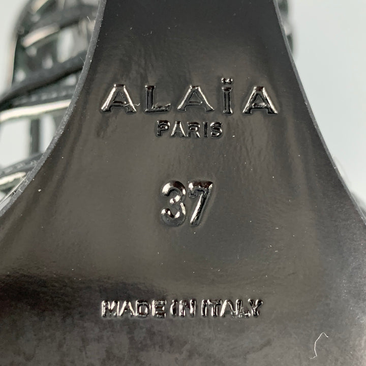 ALAIA Size 7 Black Caged Patent Leather Wedge Sandals