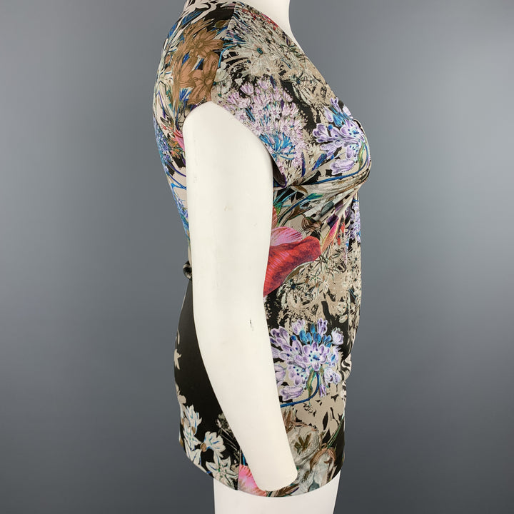 ETRO Size 12 Beige Multi-Color Floral Draped Jersey Blouse
