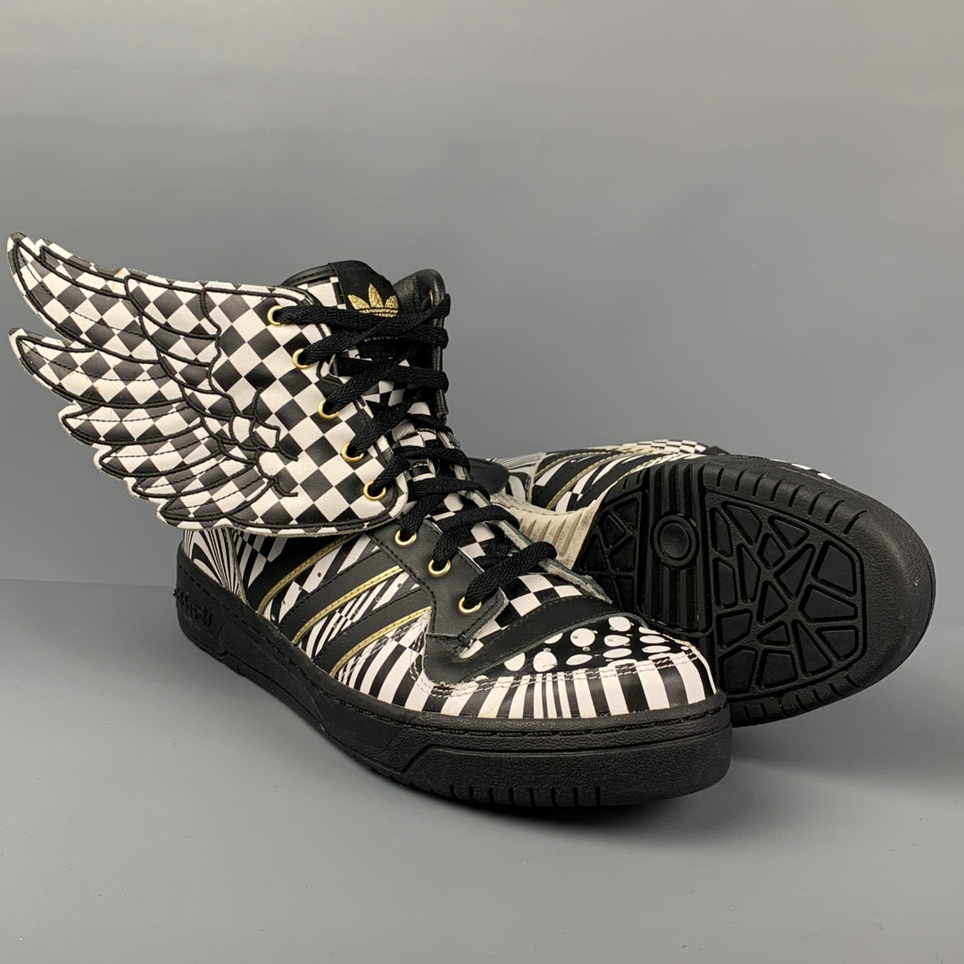 JEREMY SCOTT x ADIDAS Size 12 Black White Geometric Leather High Top Wings Opart Sneakers