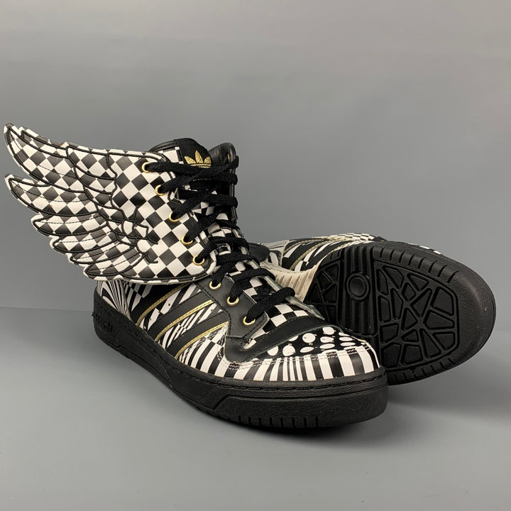 JEREMY SCOTT x ADIDAS Size 12 Black White Geometric Leather High Top Wings Opart Sneakers