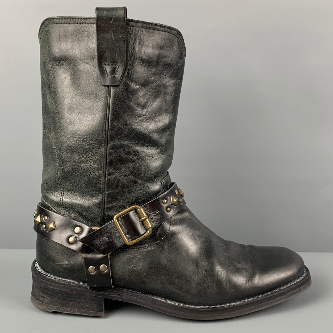 JOHN VARVATOS Size 9.5 Black Studded Leather Pull On Boots