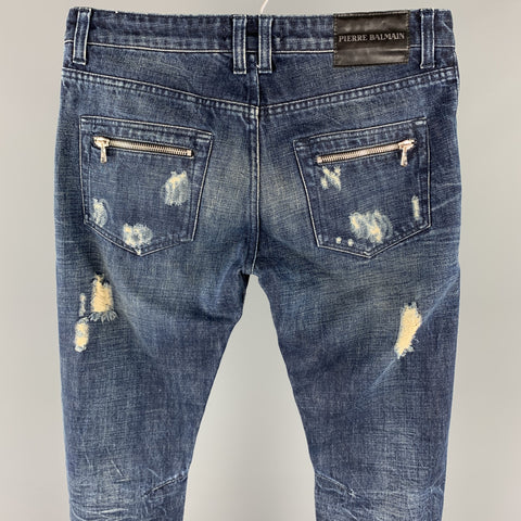PIERRE BALMAIN Size 30 Indigo Distressed Denim Zip Fly Jeans