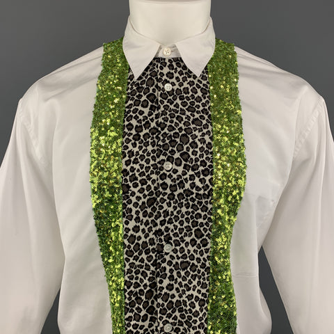 COMME des GARCONS HOMME PLUS Size S Chemise à rayures en coton blanc léopard et sequins verts