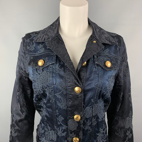 LOVE MOSCHINO Size 6 Black & Midnight Blue Satin Cotton / Viscose Embroidered Jacket