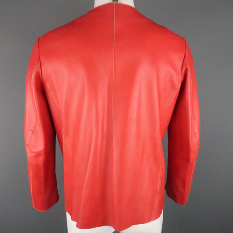 JIL SANDER Size L Red Raw Edge Leather Collarless Zip Jacket