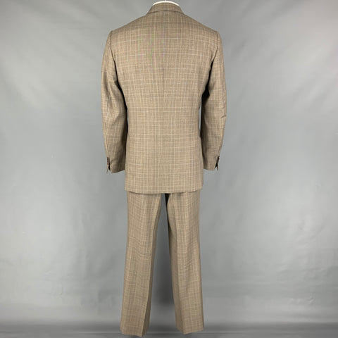 ISAIA Size 48 Long Taupe Plaid Wool Notch Lapel Suit