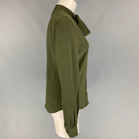 SAINT LAURENT Talla 4 Blusa con lazo de seda verde oscuro