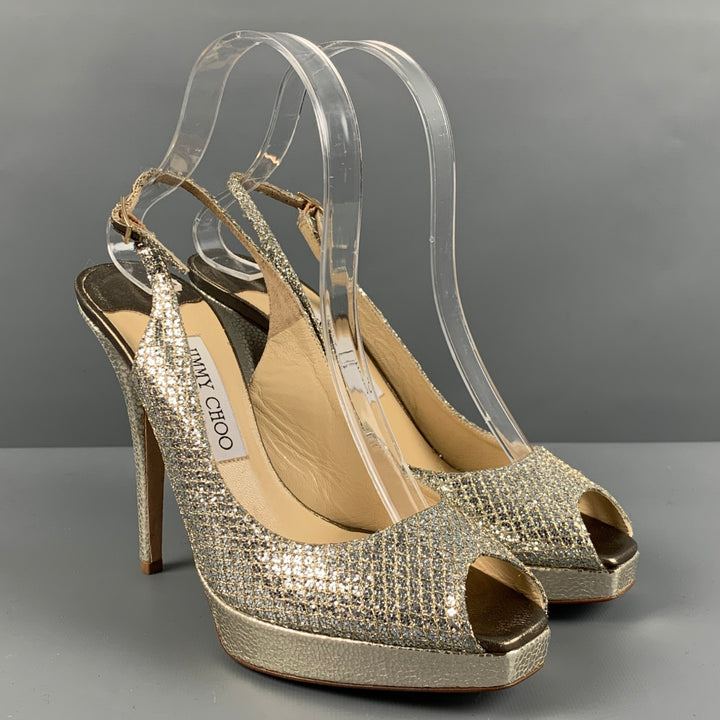 JIMMY CHOO Sandalias destalonadas de cuero metalizado plateado Talla 8