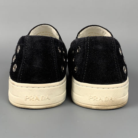 PRADA Sport Size 7.5 Black & Silver Grommet Suede Slip On Sneakers