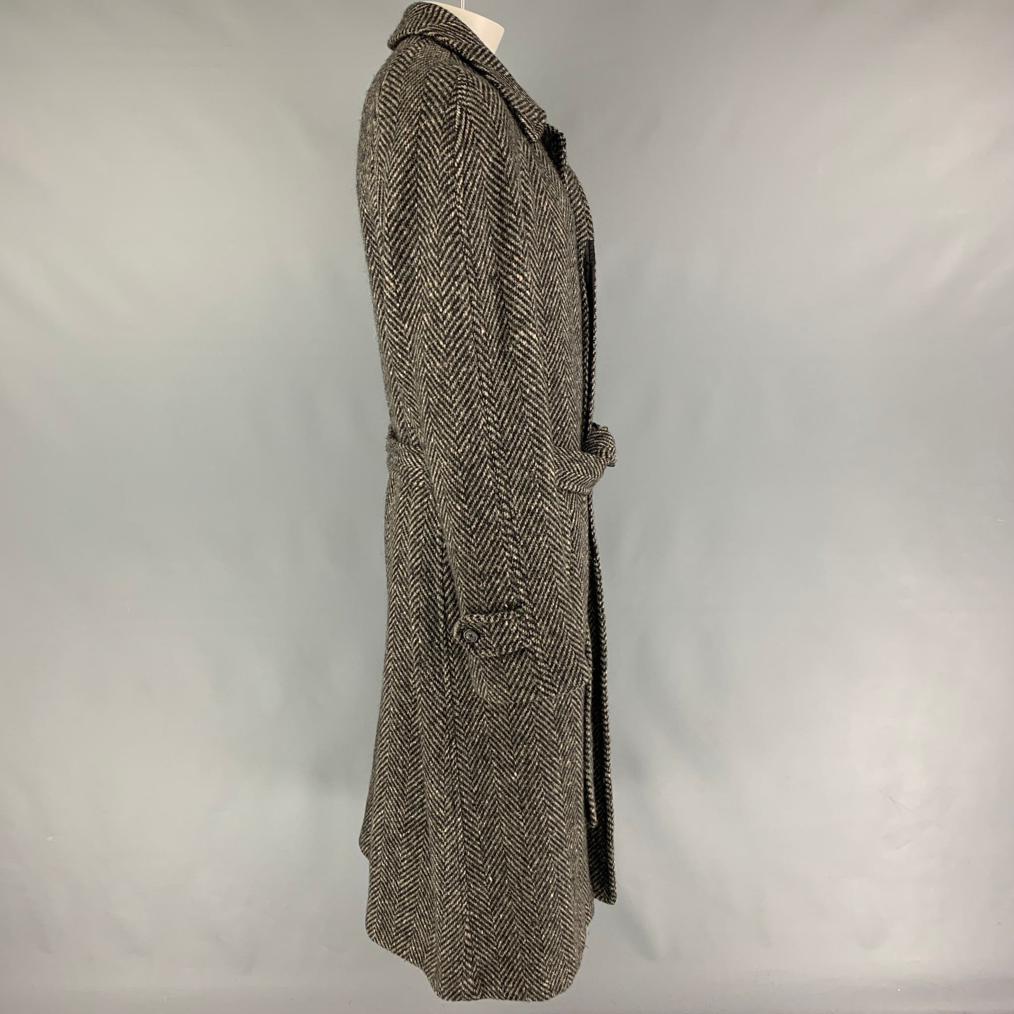 Vintage BURBERRYS for BARNEY'S NEW YORK Size XL Grey Black Herringbone Wool  Belted Coat