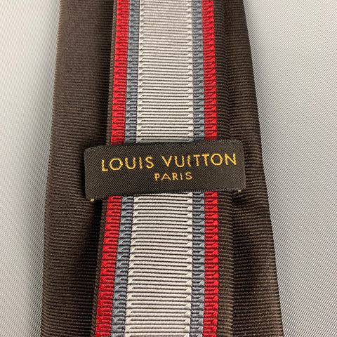 LOUIS VUITTON Cravate en soie à rayures verticales gris marron bordeaux
