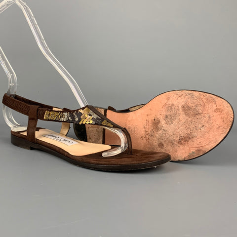 JIMMY CHOO Size 6 Brown & Gold Sequined Suede Flat Sandals
