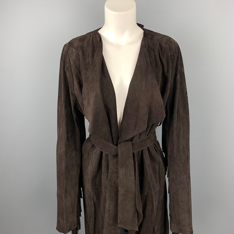 VINTAGE Taille M Manteau avant ouvert ceinturé à franges en daim marron