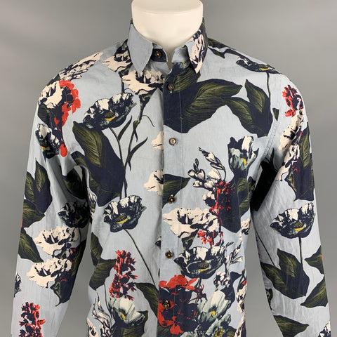 TED BAKER Size S Light Blue Navy Floral Cotton Button Up Long Sleeve Shirt
