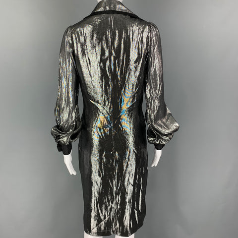 BILL BLASS Taille 2 Manteau à double boutonnage en soie métallisée noir argenté