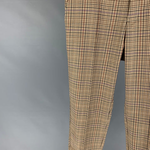 OVADIA & SONS Size 32 Khaki Brown Plaid Wool Elastic Waistband Dress Pants