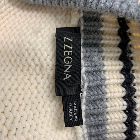 Z ZEGNA Size L Cream & Grey Stripe Knitted Wool V-Neck Heritage Sweater