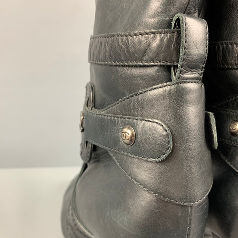 CHANEL Size 7.5 Black Leather Straps Boots