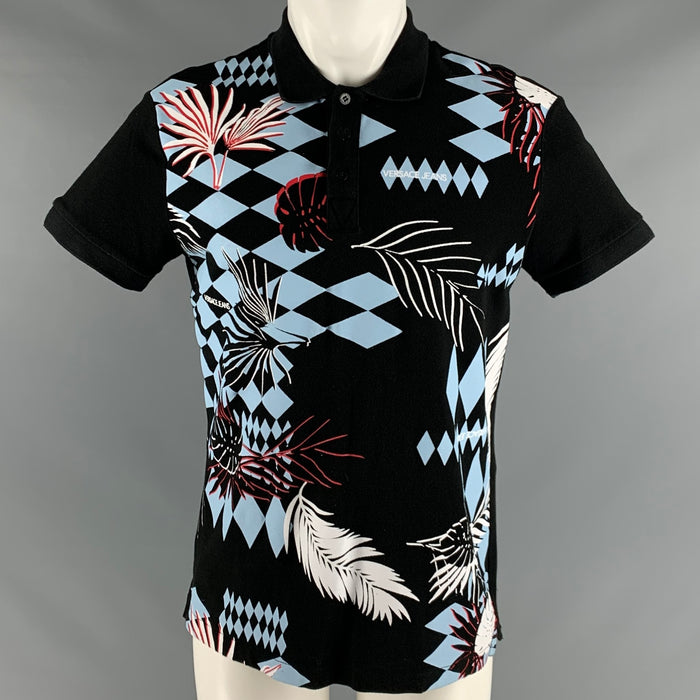 VERSACE JEANS Size M Black Blue Leaves Cotton Short Sleeve Polo