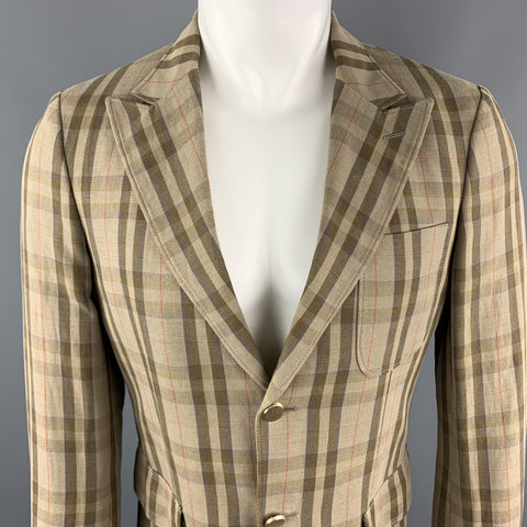 MARIO MATTEO Size 36 Tan Plaid Cotton / Flax Peak Lapel Sport Coat