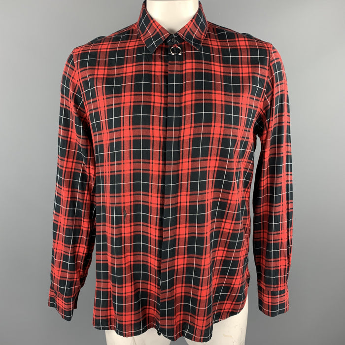 NEIL BARRETT Size L Red & Black Tartan Cotton Hidden Buttons Long Sleeve Shirt