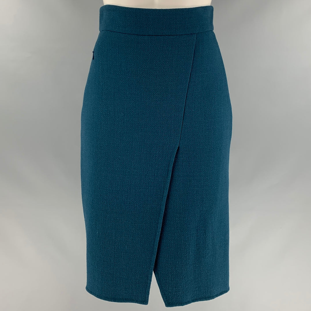 AKRIS Size 4 Blue Teal Wool Pencil Below Knee Skirt